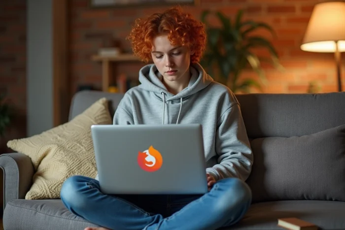 Jeune personne installant un antivirus sur Firefox depuis un ordinateur portable dans un salon confortable
