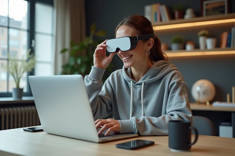 Jeune femme testant des lunettes de réalité augmentée dans un intérieur moderne