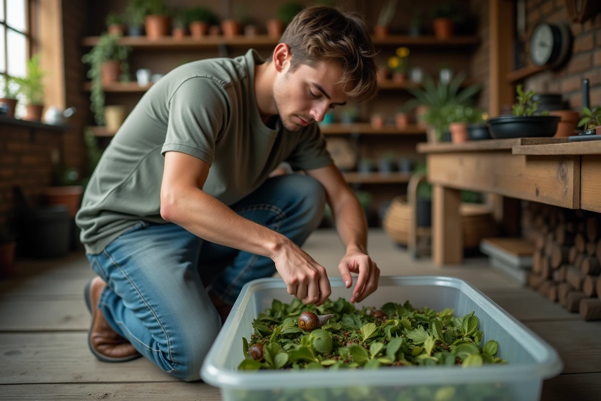 Jeune homme nourrissant des escargots dans une enclosure