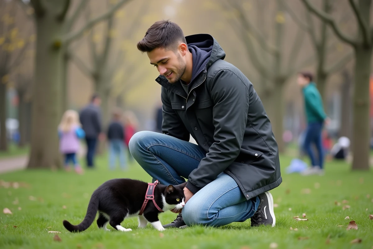 Jeune homme avec chat noir et blanc dans un parc urbain