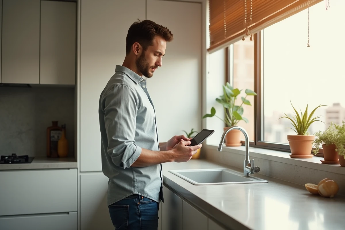 Jeune homme utilisant une tablette pour contrôler des volets dans une cuisine lumineuse