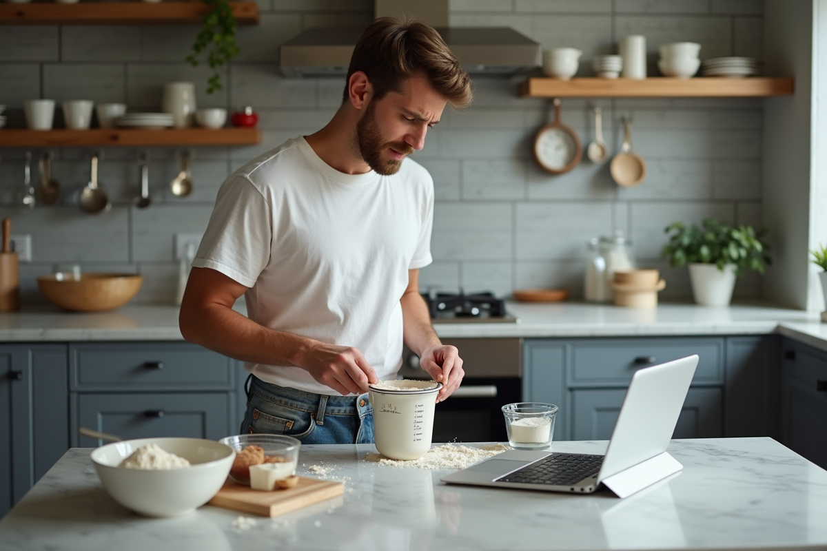 Jeune homme en cuisine avec ingrédients et tablette en main