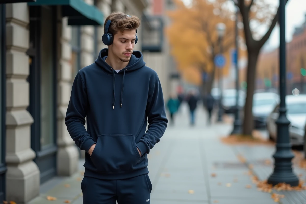 Jeune homme avec écouteurs dans une rue urbaine