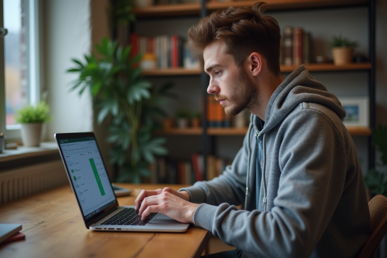 Jeune homme concentré utilisant un ordinateur portable à la maison