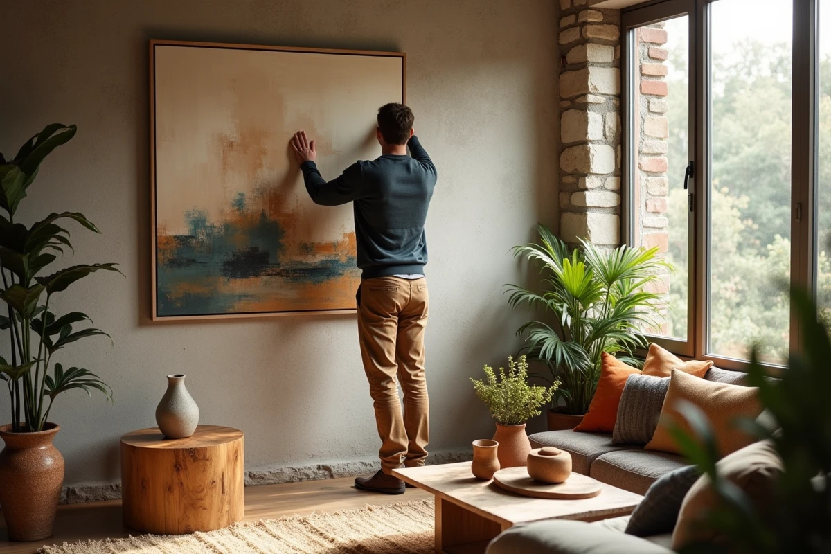 Jeune homme accrochant une peinture dans un loft lumineux