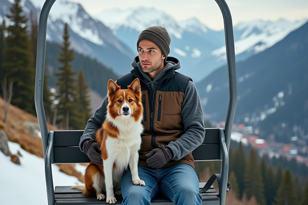 Jeune homme avec collie sur ski lift en paysage alpin