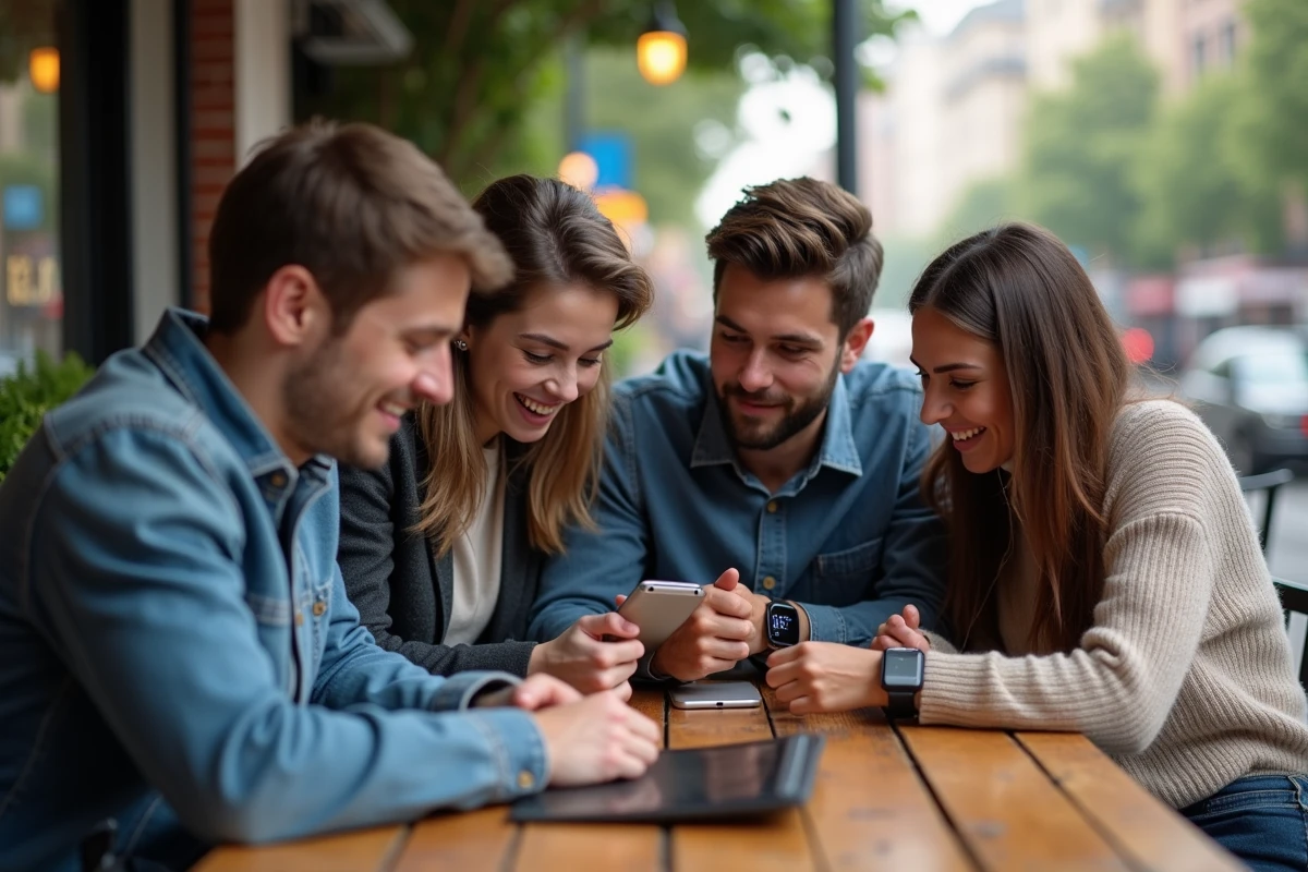 Groupe de jeunes discutant avec des appareils connectes en ville