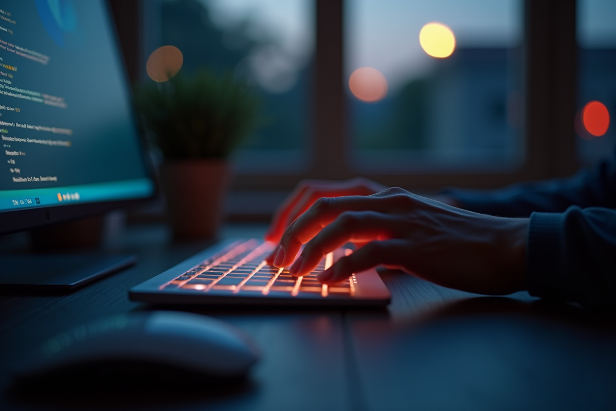 Mains tapant sur un clavier rétroéclairé au crépuscule