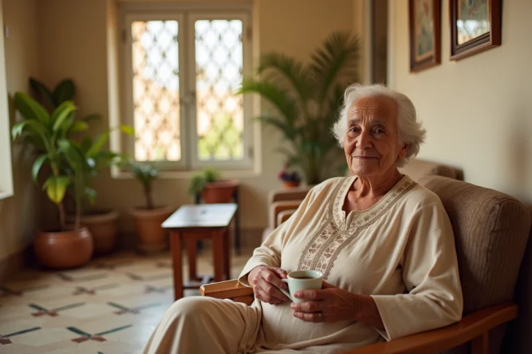Résidente âgée dans une maison de retraite marocaine moderne, assise dans un salon confortable avec décor traditionnel