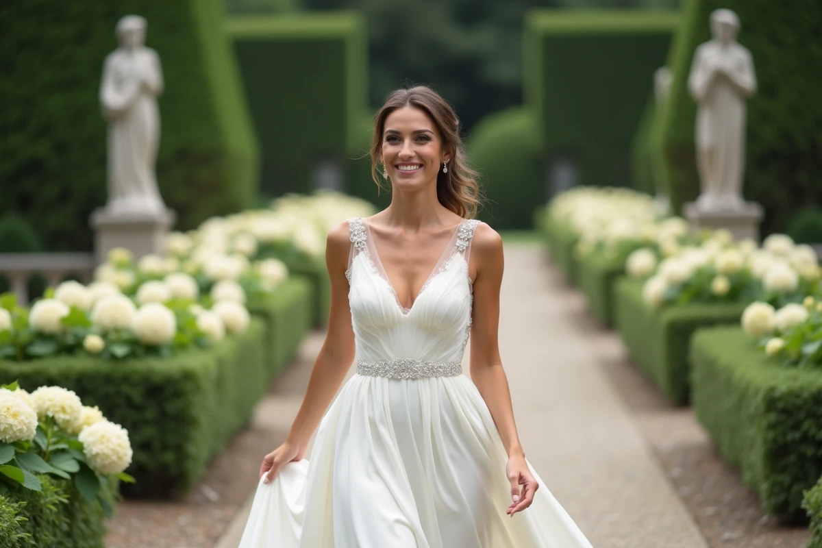 Mariée souriante marchant dans un jardin fleuri