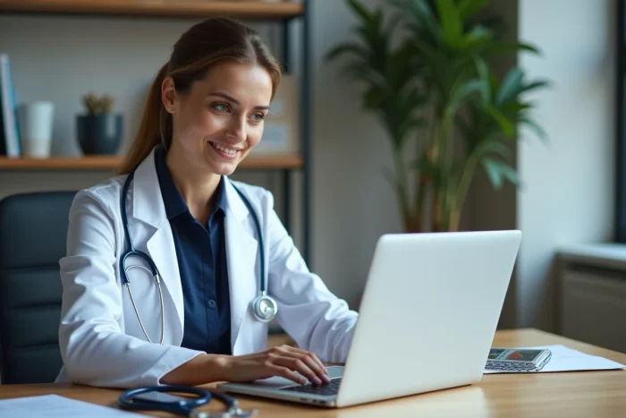 Médecin femme utilisant une plateforme en ligne professionnelle de santé sur un ordinateur portable dans un cabinet médical moderne