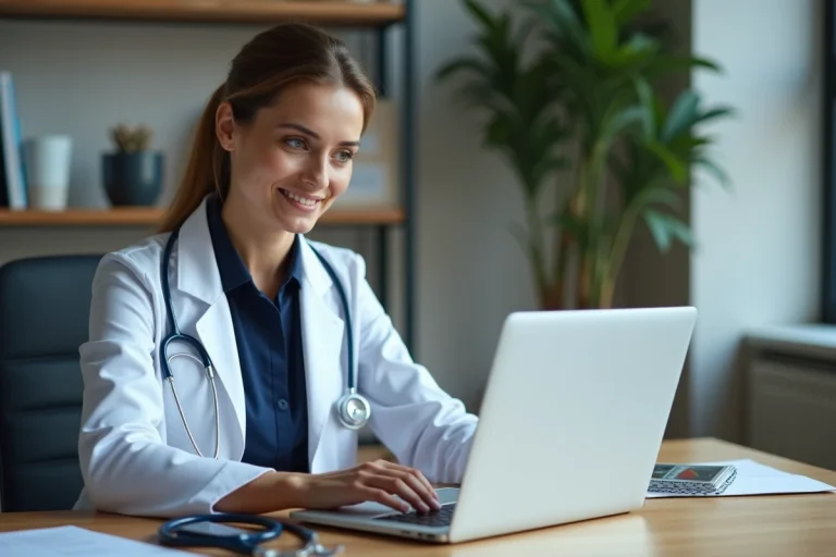 Médecin femme utilisant une plateforme en ligne professionnelle de santé sur un ordinateur portable dans un cabinet médical moderne