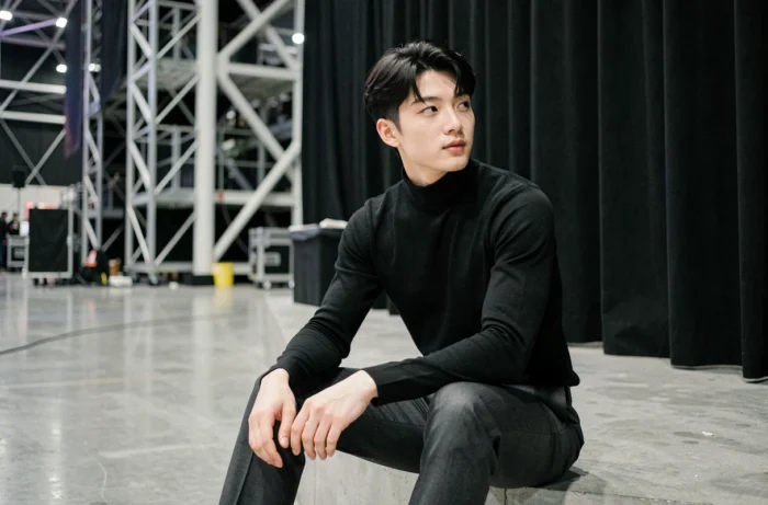 Membre masculin de BTS en tenue élégante dans les coulisses d'une grande salle de concert