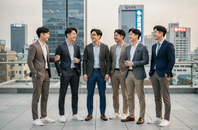 Les sept membres du groupe de K-pop BTS réunis en tenue smart-casual sur un rooftop urbain de Séoul
