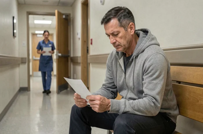 Homme assis dans un couloir d'hôpital tenant un document, représentant l'attente et l'incertitude face au diagnostic d'une maladie auto-immune
