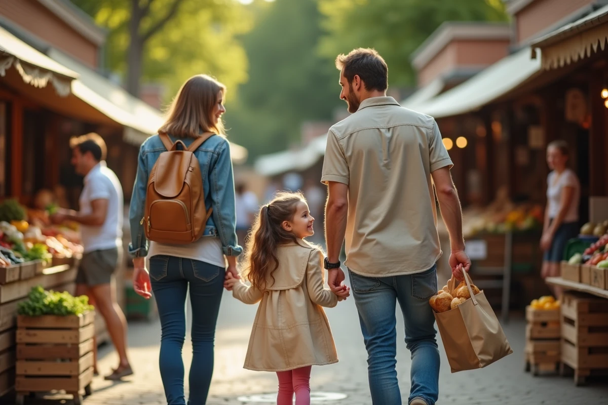Pere et sa fille marchant au marché en plein air
