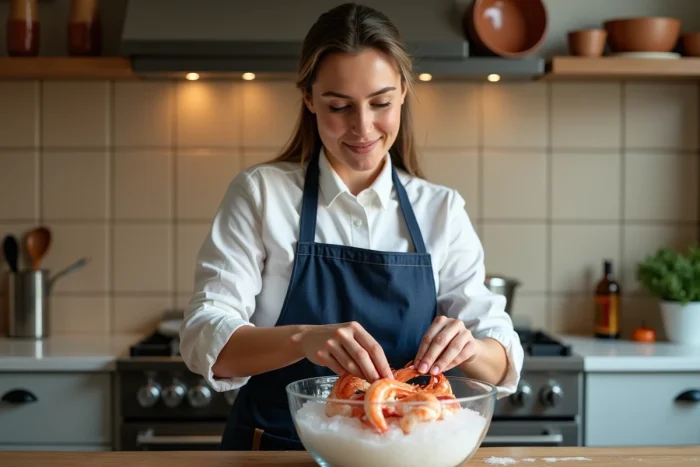 Femme en tablier préparant un cocktail de fruits de mer surgelés dans un bol en verre sur un îlot de cuisine moderne