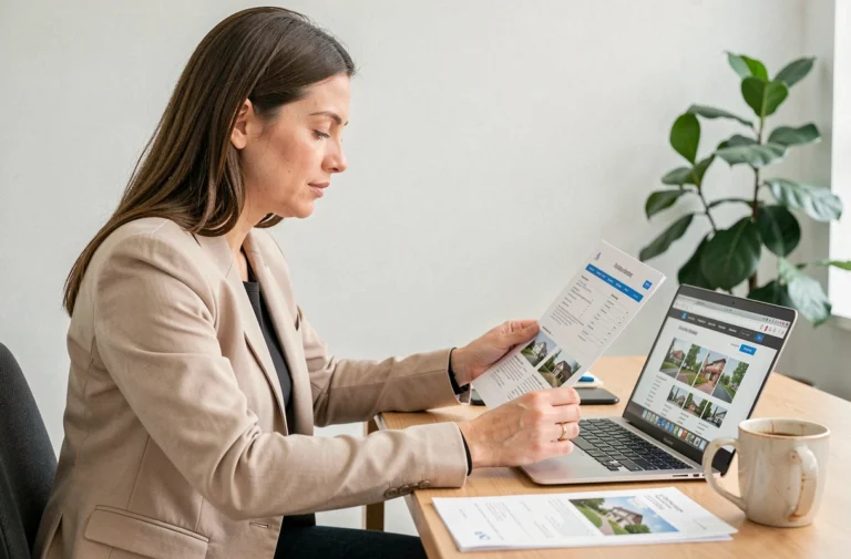 Femme consultant des annonces immobilières sur un ordinateur portable dans un bureau à domicile organisé
