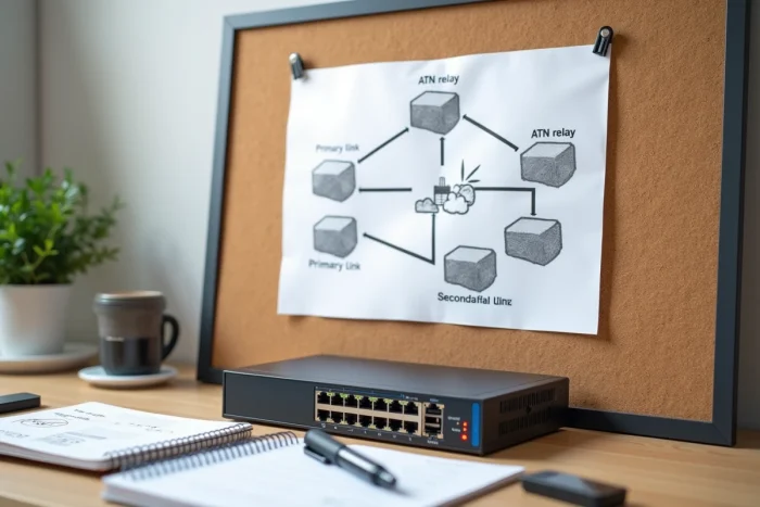 Schéma du réseau de secours ATN épinglé sur un tableau avec switch réseau actif sur un bureau technique