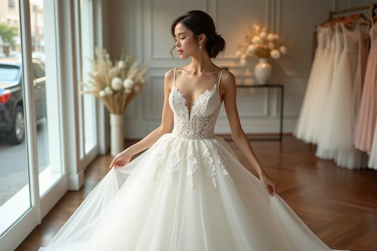 Jeune femme en robe de mariée élégante dans une boutique raffinée