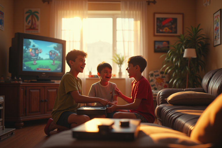 Salon nostalgique des années 90 avec enfants jouant