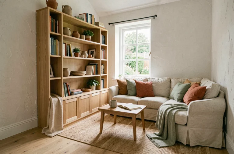 Salon compact et chaleureux d'une petite maison fonctionnelle avec étagères en chêne, canapé en lin et tapis en jute