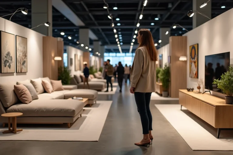Visiteurs explorant les stands de mobilier moderne lors du Salon Tendances Habitat