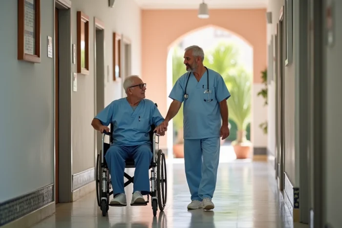 Soignant marocain accompagnant un résident en fauteuil roulant dans le couloir d'une maison de retraite à Marrakech