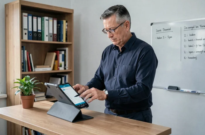 Homme en télétravail consultant une application de suivi du temps de travail sur une tablette dans son bureau à domicile