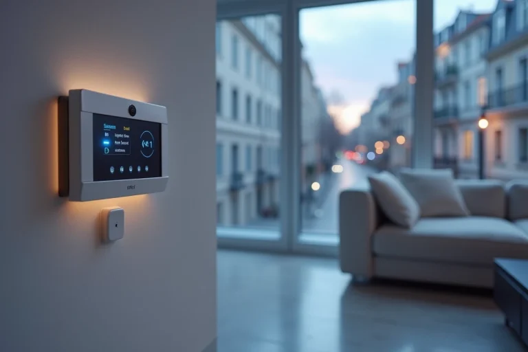 Système d'alarme Verisure installé dans un appartement moderne avec panneau de contrôle mural et capteurs sans fil