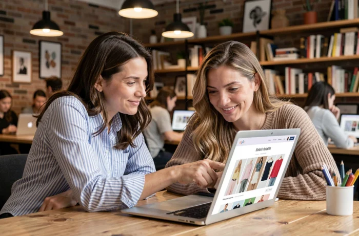 Deux femmes découvrant ensemble les dernières tendances shopping en ligne sur un ordinateur portable dans un espace de coworking
