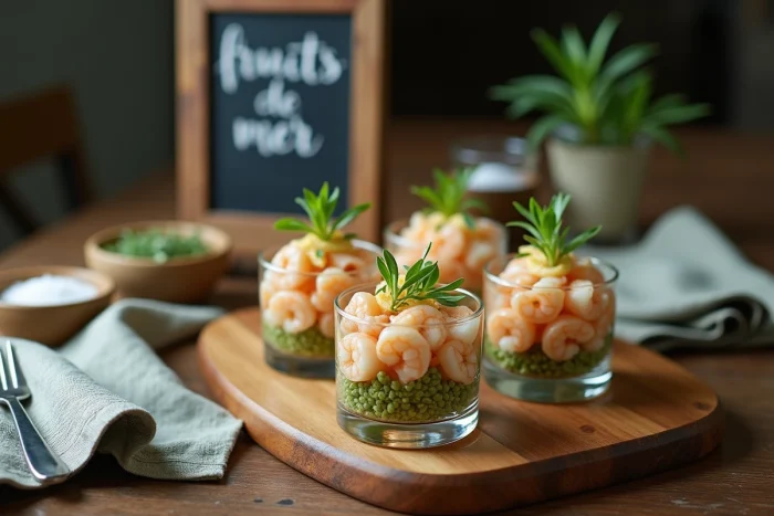 Présentation élégante de verrines de cocktail de fruits de mer surgelés décongelés sur une table en chêne rustique avec microgreens et aioli citron