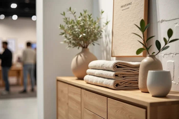 Vignette décorative tendance exposée lors du Salon Tendances Habitat avec accessoires et mobilier design