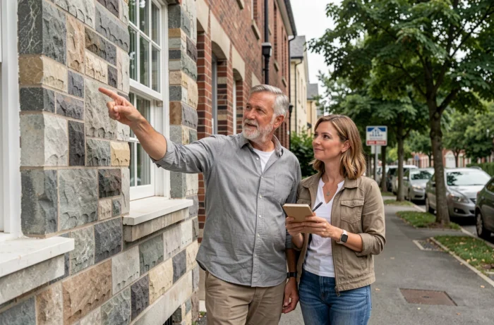 Couple visitant un bien immobilier et prenant des notes devant une façade résidentielle en pierre