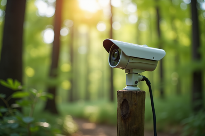 Caméra météo sur poteau en forêt luxuriante