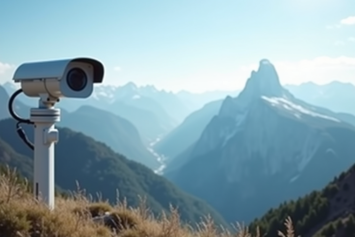 Caméra météo sur fond de paysage montagneux en plein jour